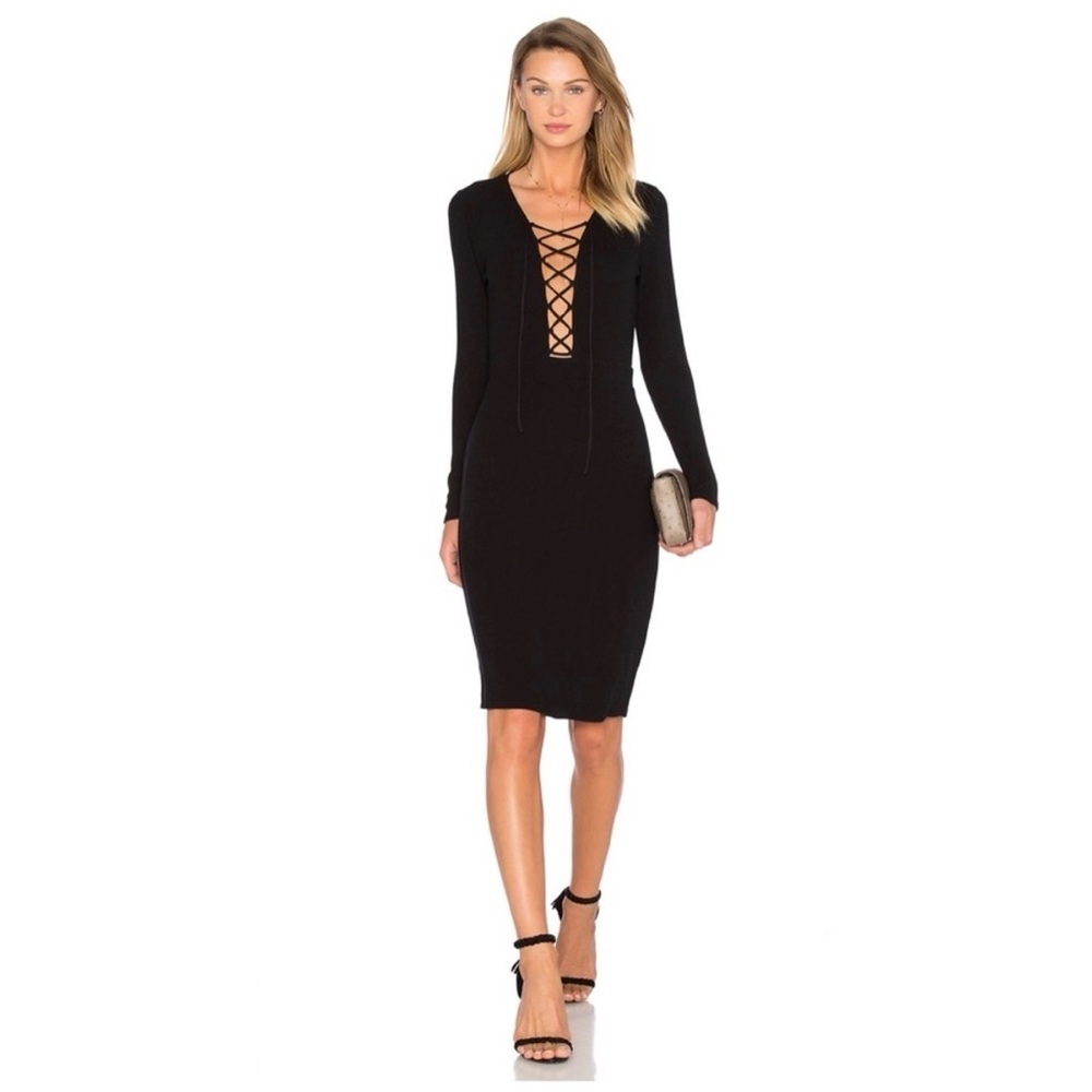 NBD X Revolve Survive Lace Up Tie Front Long Sleeve Black Midi Dress sz XS